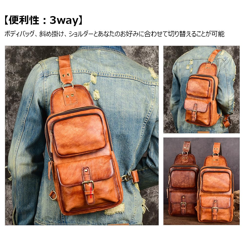 Whatna Antik-Stil Gegerbtes Natur-Rindsleder Umhängetasche Ein-Schulter-Tasche für Herren, Reversibler Riemen links oder rechts, Echtes Leder, Dick,