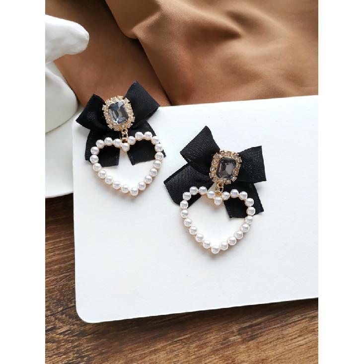 S925 Needle Sweet Jewelry Black Bowknot Earrings New Design Crystal Glass Simulated Pearls Heart Drop Earrings For