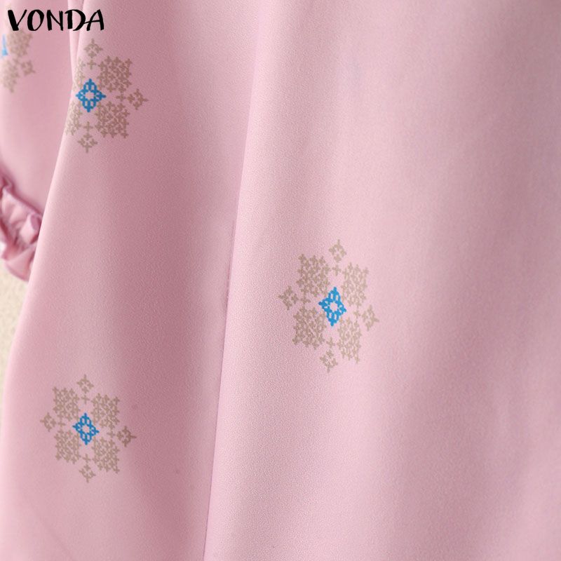 VONDA Women V Neck Short Sleeve Buttons Up Ruffled Hem Print Casual Blouse