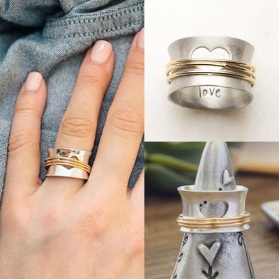 Fashion Hollow Love Women Two-Color Copper Ring, Romantic Birthday Gift