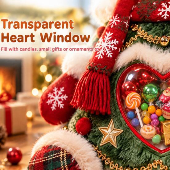 Cute Christmas Table Centerpiece Refillable Snowman Treat Holder, Plush Sitting Figure Candy Jar with Clear Heart Soft Decoration Window, 3D