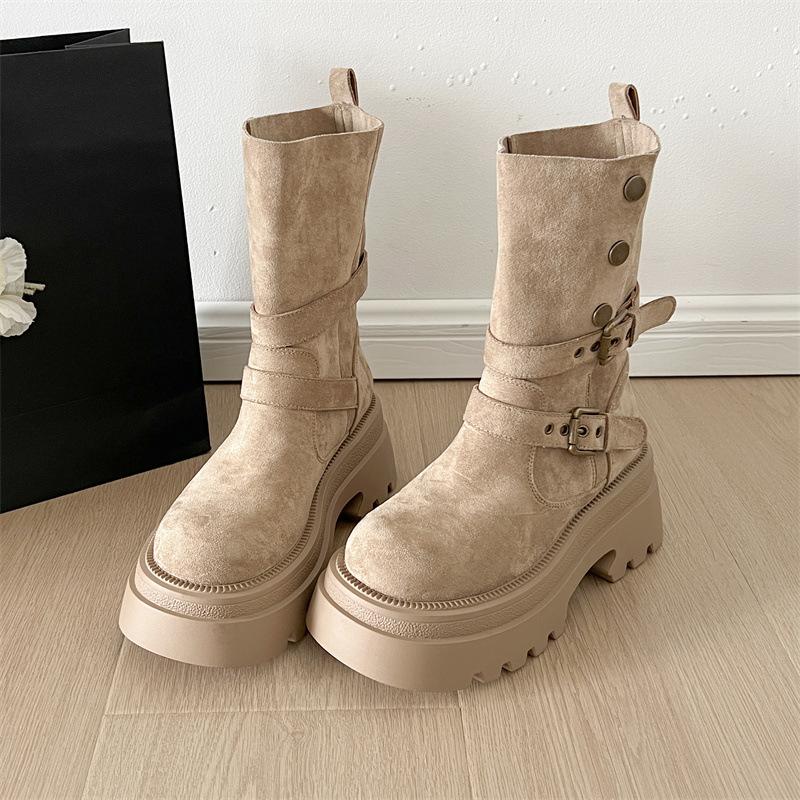 Black Retro Thick Heel Platform Martin Boots Women's 2025 New Spring and Autumn British Style Thin and Heightened Medium Boots