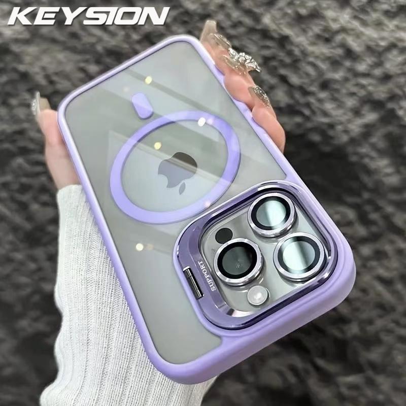 KEYSION Magnetic Transparent Phone Case for MagSafe for iPhone 11 12 13 14 Pro Max Lens Protector Metal Stand Shockproof Cover