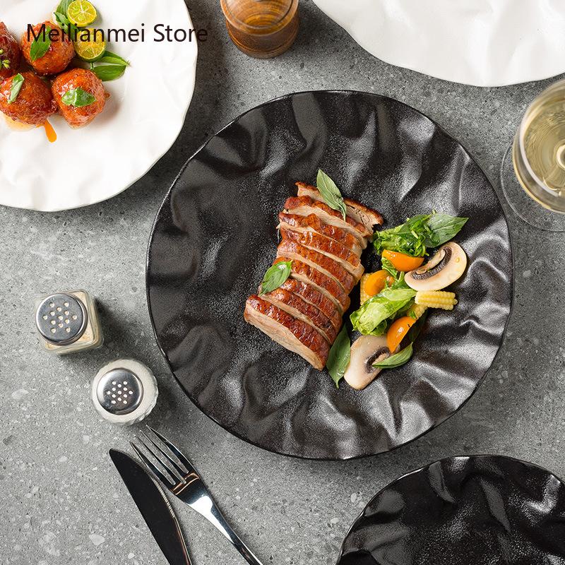 White Ceramic Plate Pleated Flat Plate Restaurant High-end Dessert Plates Creative Tableware Ceramic Dinner Black Plates