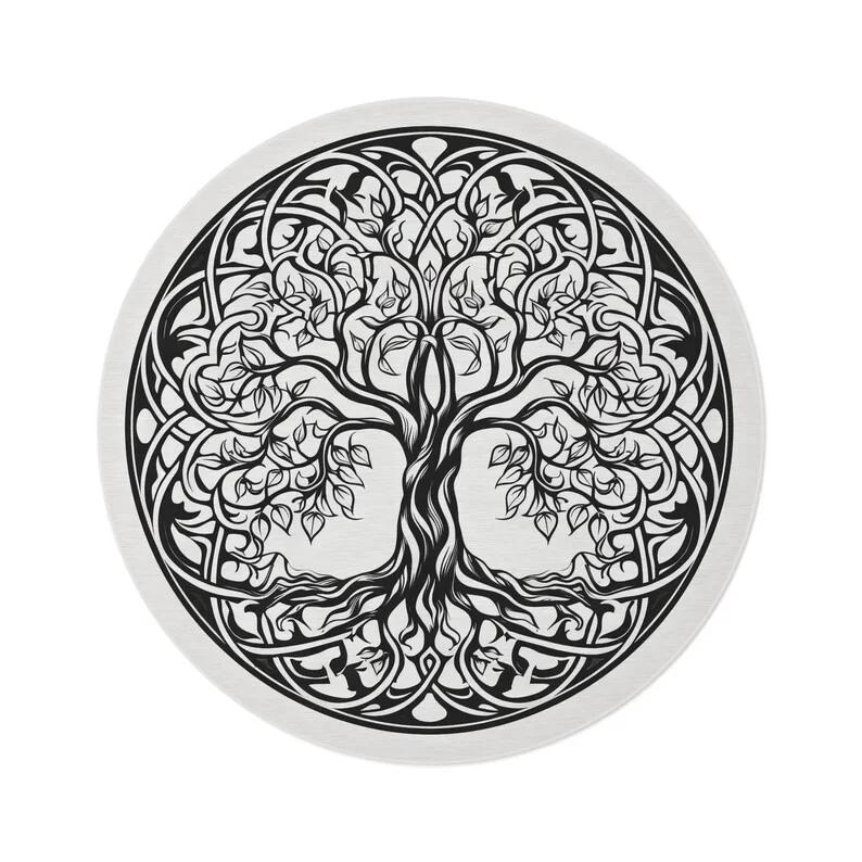 Celtic Tree of Life Chenille Large Round Area Rug Nature Mandala Design Ancient Spiritual Decor Bedroom Living Room Circle Rug