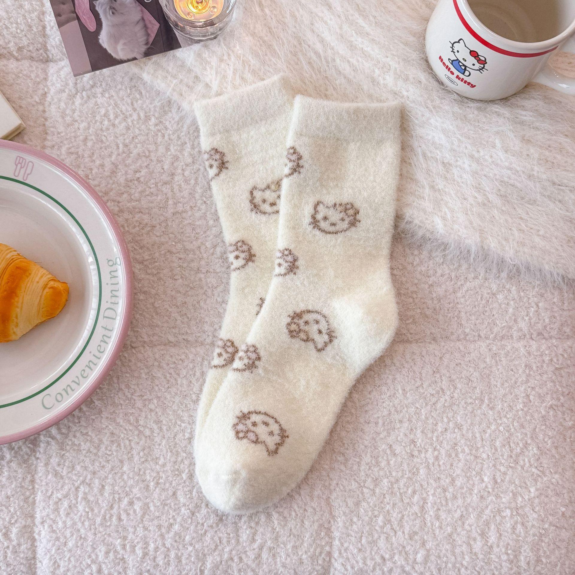 

Thickened Fleece Warm Home Sleeping Socks For Children Pink Kitten Cute Kt Au Plush Mid-Leg Socks One size fits all