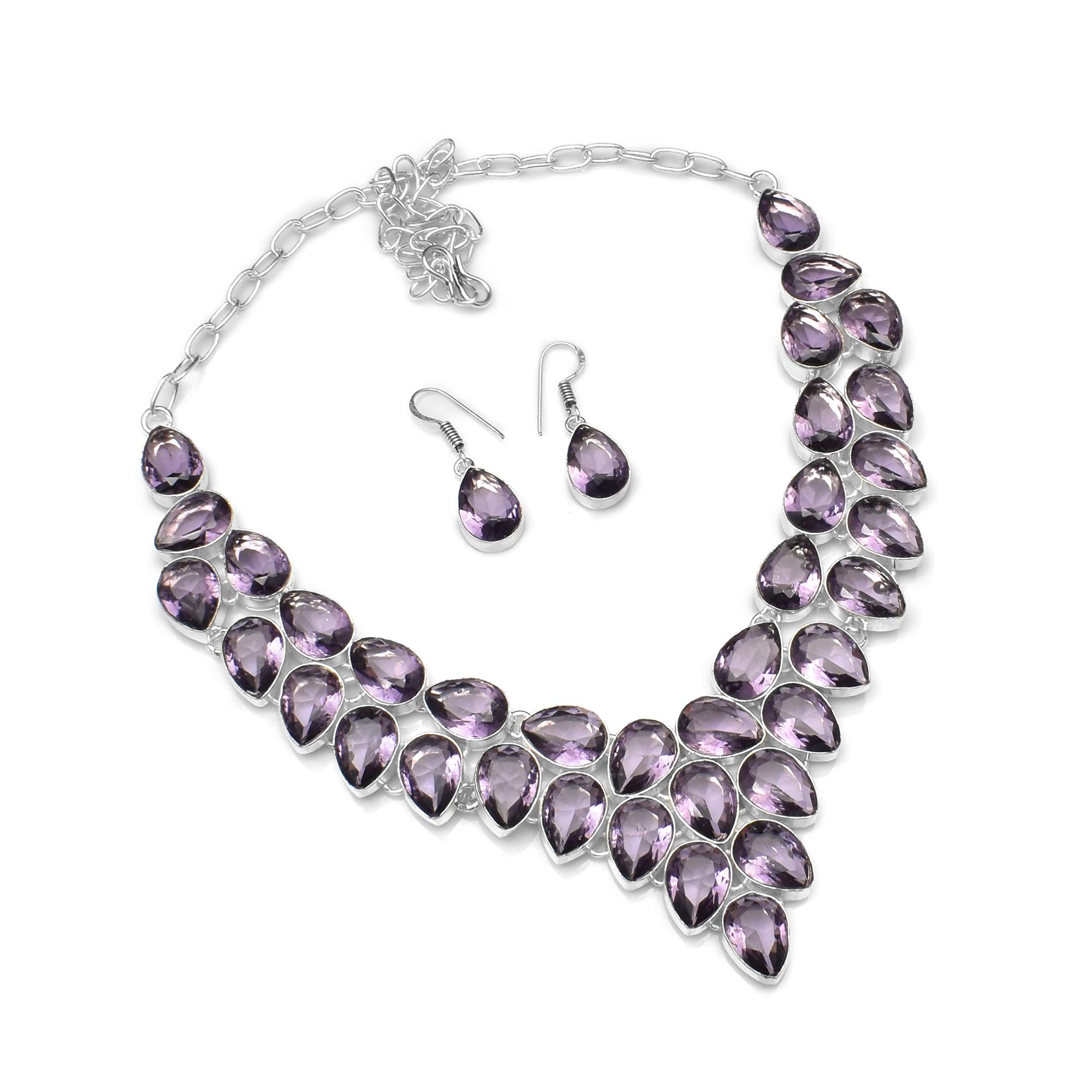 

Набор: statement-ожерелье и серьги с натуральным аметистом, покрытие стерлинговым серебром 925 пробы, фиолетовые кристаллы огранки «груша» для женщин