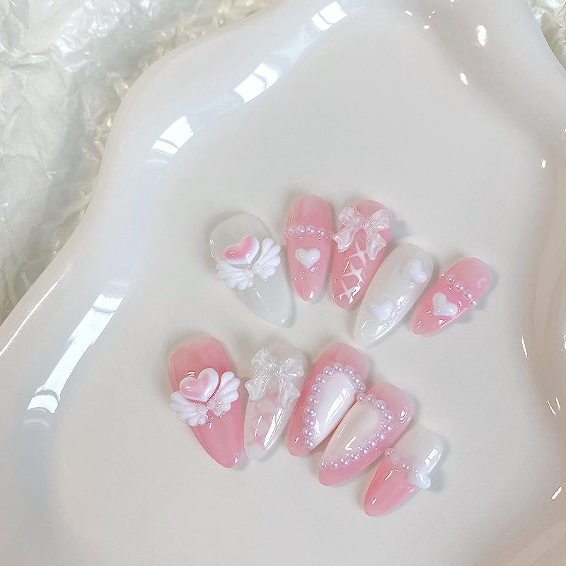 10PCS Hand Pressed Almond Shaped Nails, Beautiful Fake Nails, Sweet Heart Nail Art, Pink Angel, Suitable for Women To Use