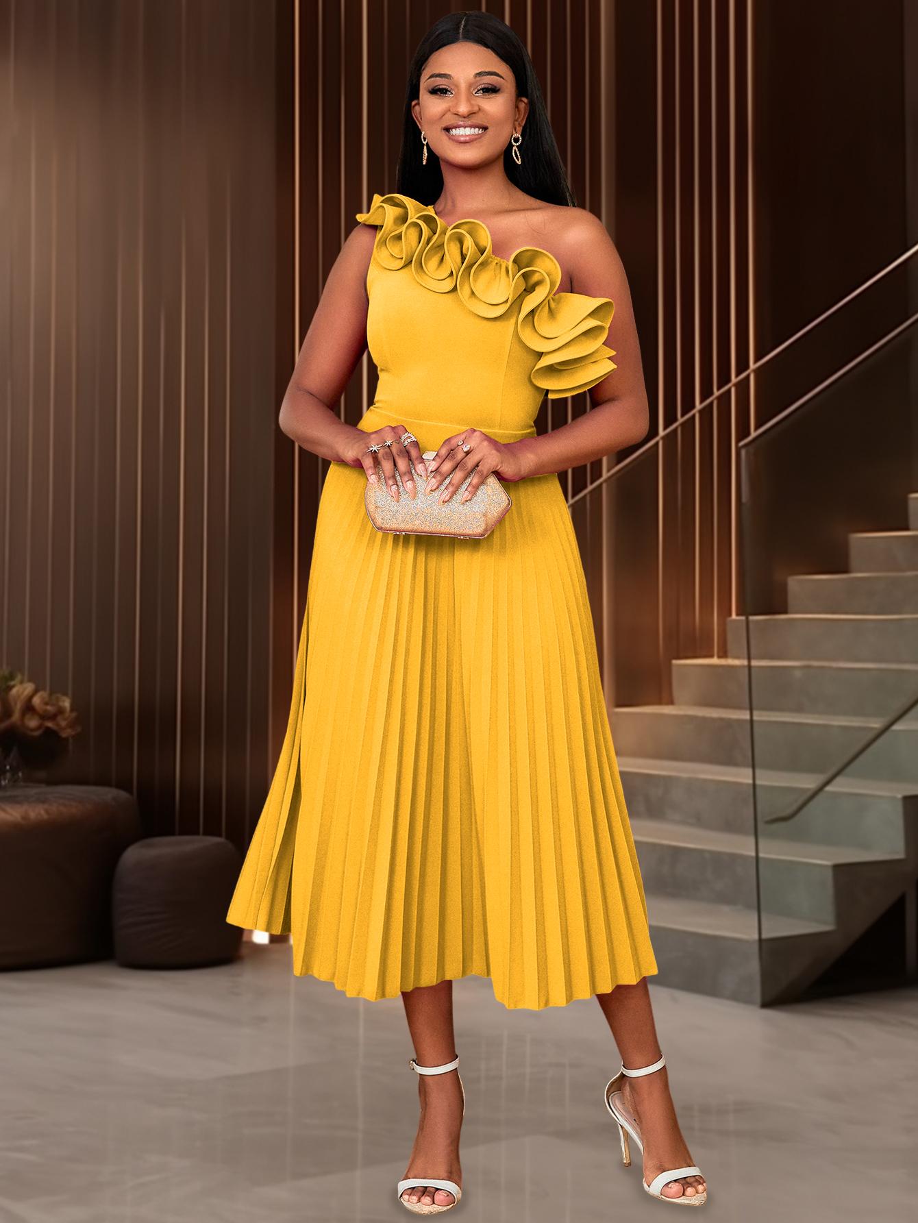 

Жіночі плісировані сукні AOMEI на одне плече з оборками і високою талією. XXL жовтий