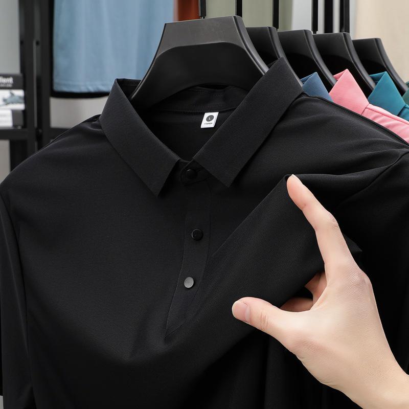 Pánské letní polo tričko z ledového hedvábí - Elastické, nemačkavé, jednobarevné, krátký rukáv, Business Casual s límečkem.