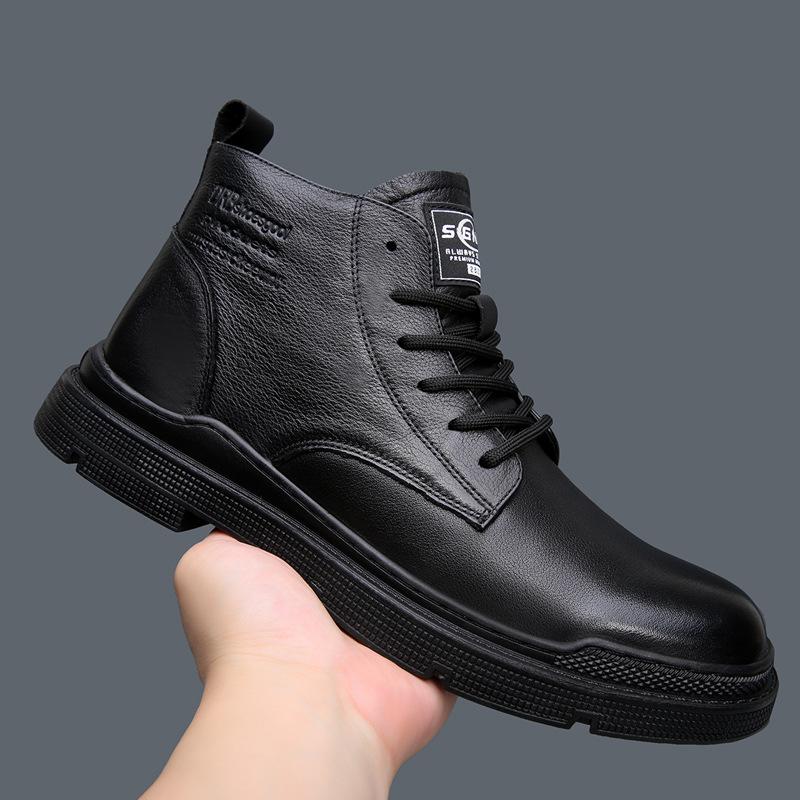 Leather Men's Leather Shoes British Style Fleece Warm First Layer Cowhide Medium Leather Boots Men's Casual Medium and High Top Boots Men's