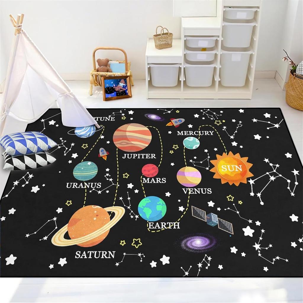 Space Rug - Space Rug for Boys Room Cartoon Solar System Carpet Educational Learning Carpet for Playroom Planet Themed Mat