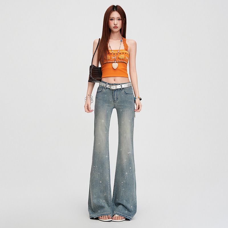 Spring Summer Light Blue Rhinestone Low Waist Non Cling Soft Stretch Micro Flare Slim Denim Pants Women Casual Pants Oversize Denim Trousers