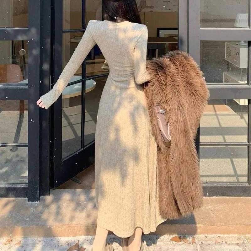 Eleganckie Cienkie Dzianinowe Sukienki Damskie z Wysokim Stanem Jesień Zima Długi Rękaw Grube Ciepłe Długie Sukienki Vintage Streetwear Vestidos