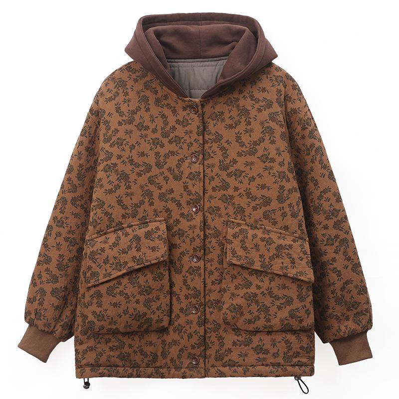 2024 Women's Retro Print Cotton Jacket - Winter Style, Plus Size, Loose Fit, for Middle-Aged and Elderly Moms