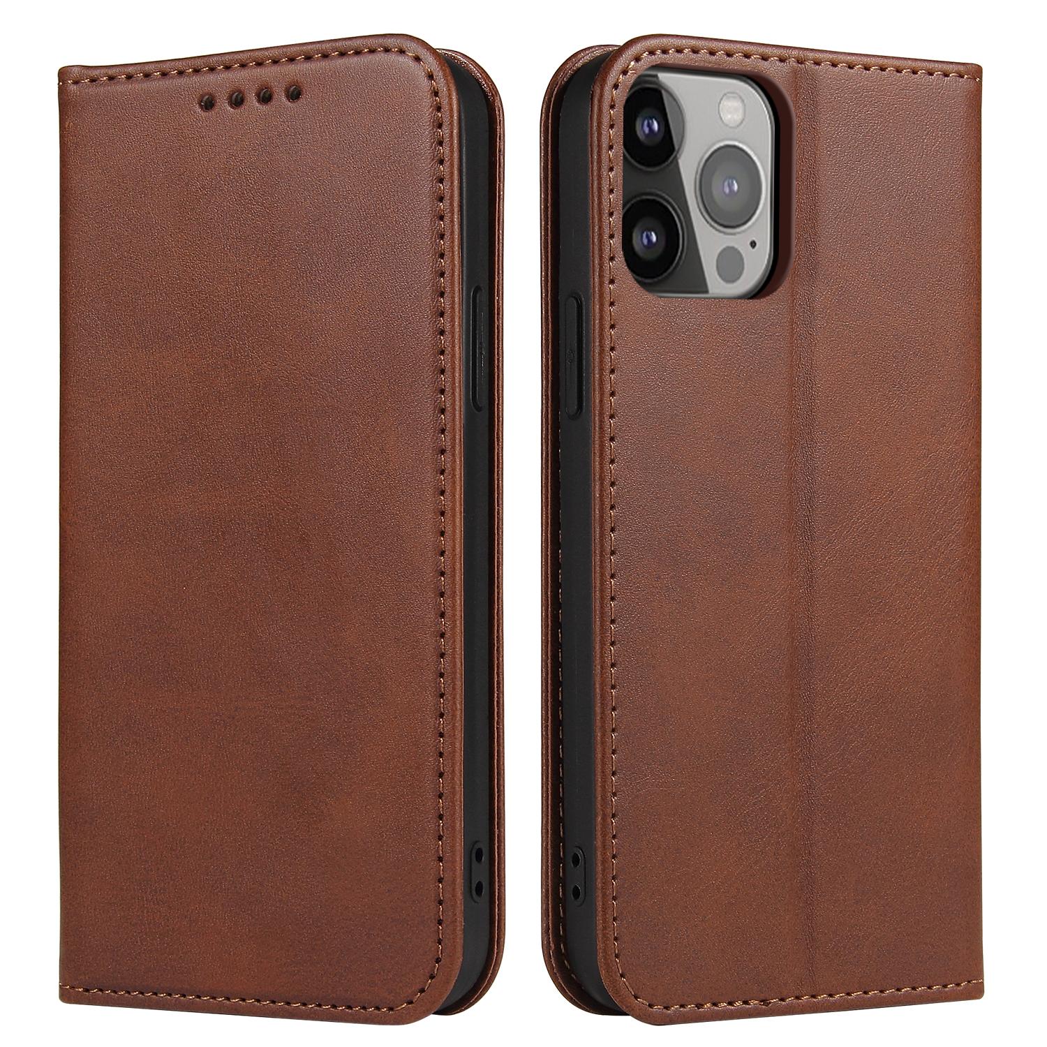 

For iPhone 13 Pro 6.1 inch Cell Phone Case Wallet Magnetic Leather Stand Calf Texture Phone Cover Brown