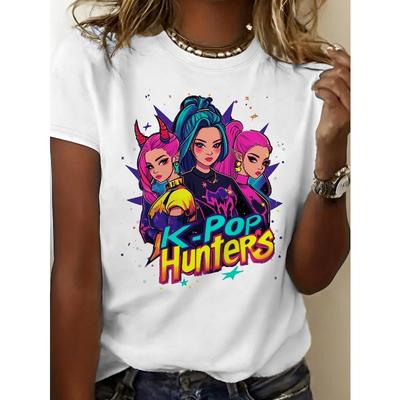 European Size Three Cartoon Female Characters Pink Hair with hornsPure Fashionable Women's T-shirt, Casual Commuting, Round Neck