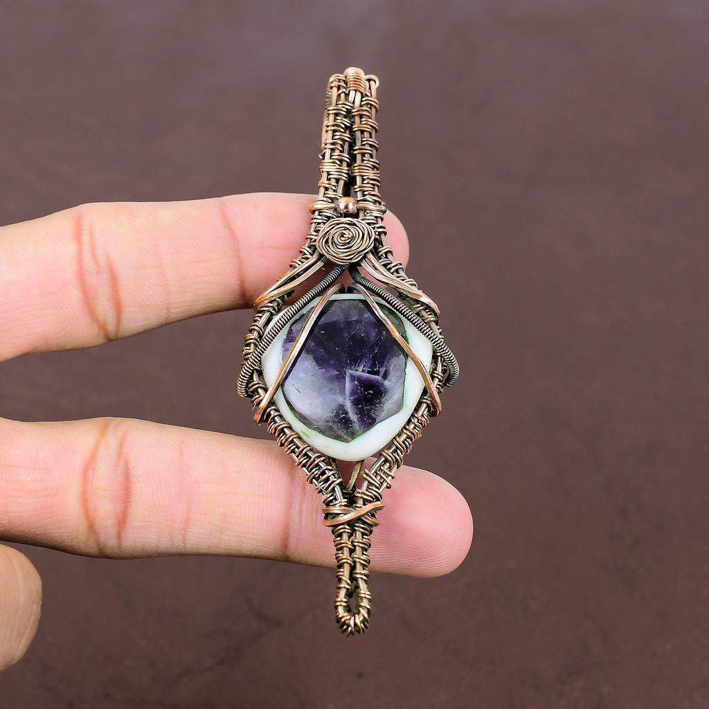 Natural Sage Amethyst Gemstone Handmade Copper Wire Wrap Pendant 3.94" U4j71