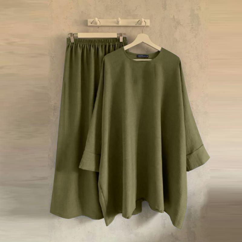 

ZANZEA Женский повседневный топ с круглым вырезом и заниженной линией плеча, рукав 3/4, комплект из топа и юбки M зелёный