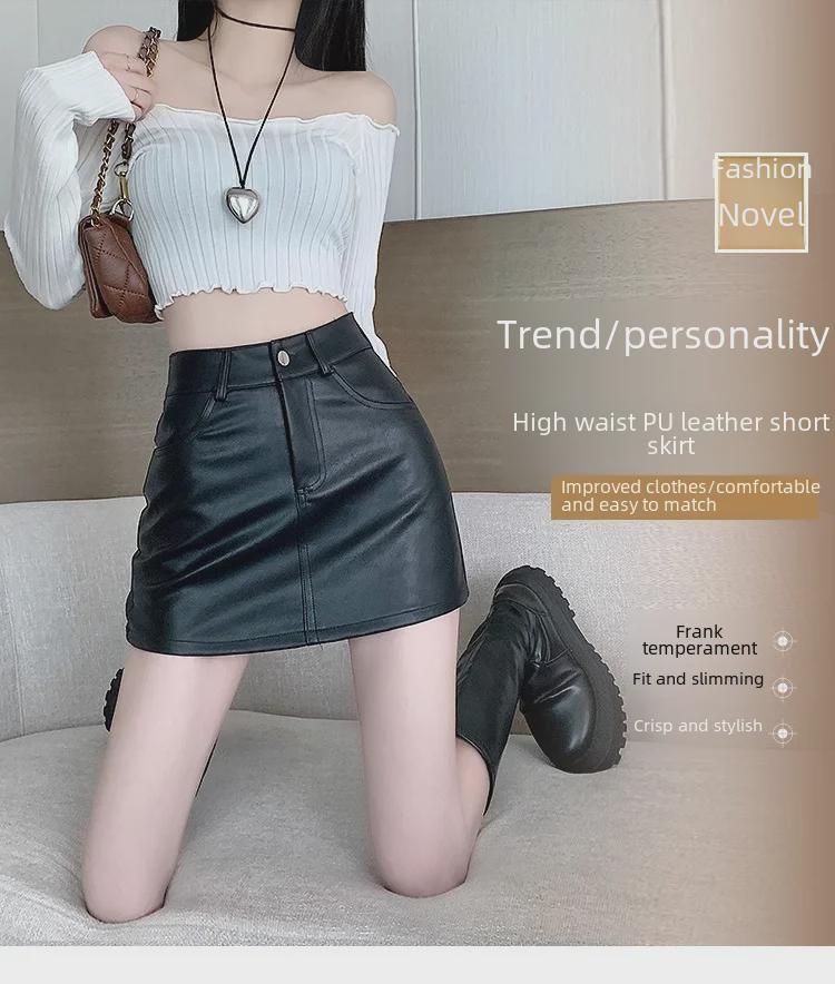 Black A-Line Leather Mini Skirt - High Waist, Slim Fit, Petite, Autumn Wear for Women