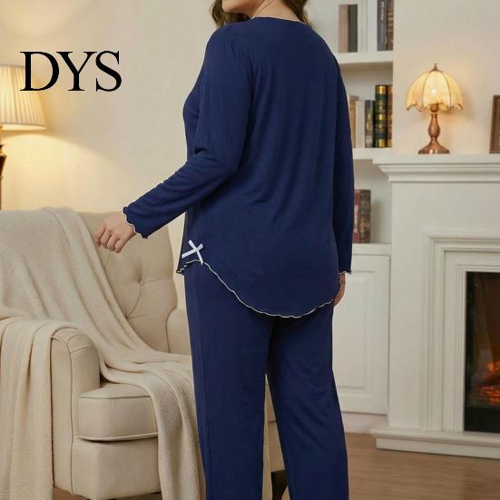 Cozy Loungewear for Women Women's Plus Size Pajama Set, Long Sleeve Top And Pants Casual Home Wear with Bow, Ruffle 2 Piece Soft Pjs Sleepwear