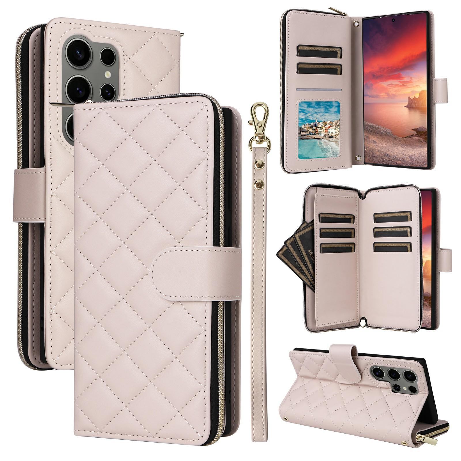 

For Samsung Galaxy S25 Ultra Case Zipper Wallet Rhombus PU Leather Crossbody Phone Bag Beige