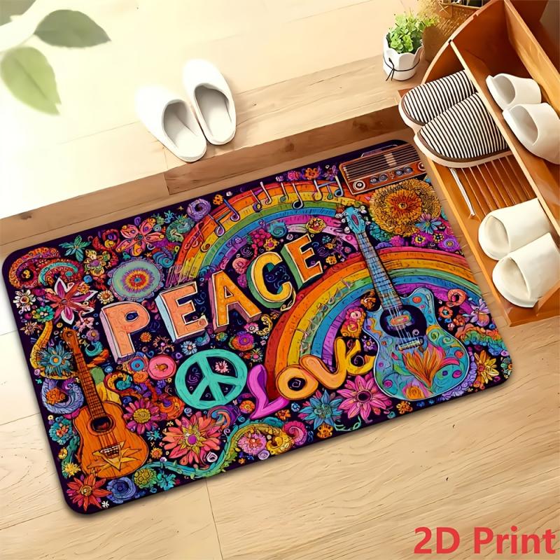 Hippie Peace and Love Pattern Doormat Washable Anti Slip Rug Indoor Kitchen Bathroom Bedroom Living Room Decor Mat