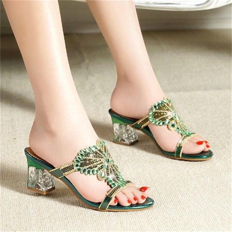 2024 New Female Crystal High Heels Slippers Peep Toe Casual Slides Flip Flops Fashion Pumps Comfortable Sandals