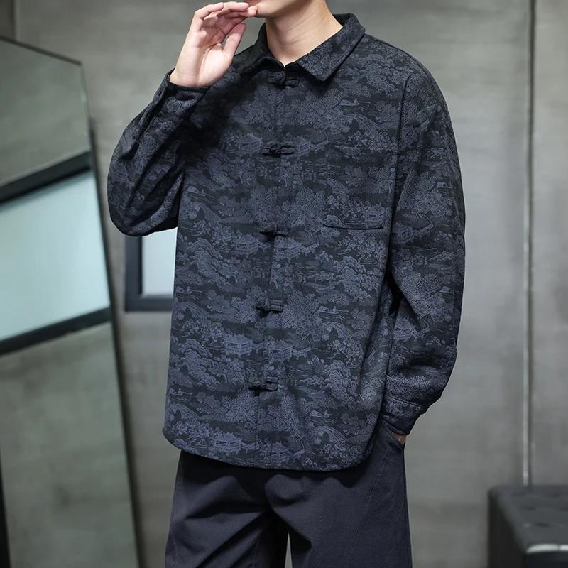 Camicia da uomo a maniche lunghe primaverile Camicie da uomo stile cinese Camicie da uomo monopetto con colletto quadrato Top vintage da uomo con ricamo