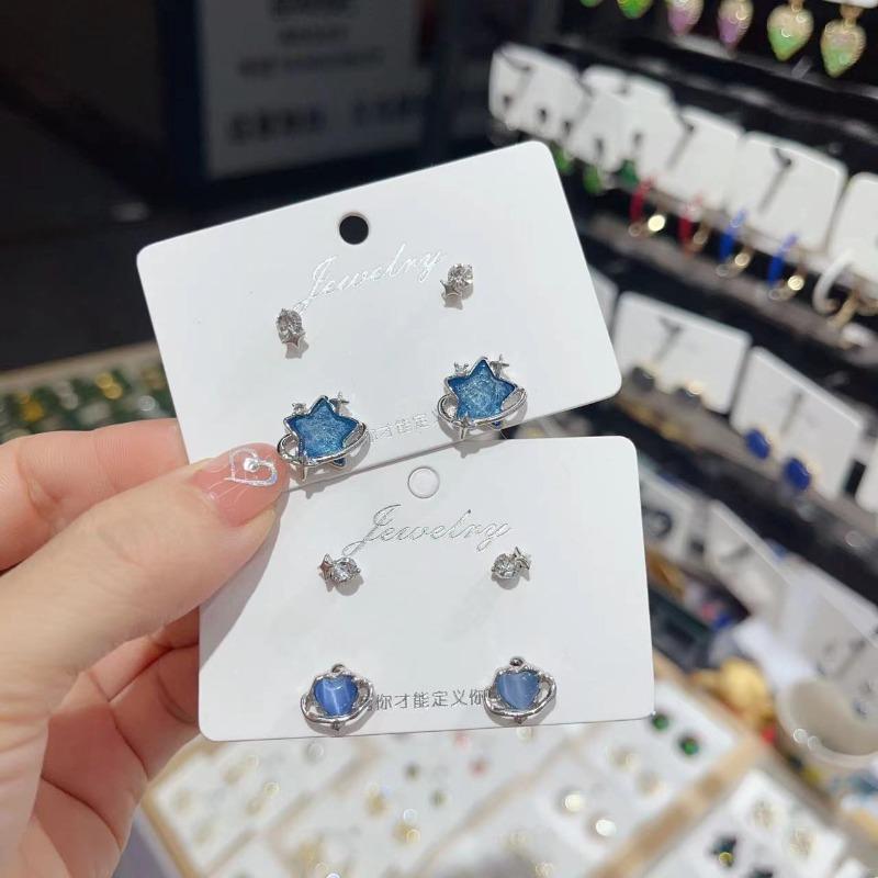 Modisches Blau Kristall Planet Herz Ohrstecker Set für Damen Exquisit Süß Zirkonia Fünfzackstern Kreuz Ohrringe Schmuck Geschenke