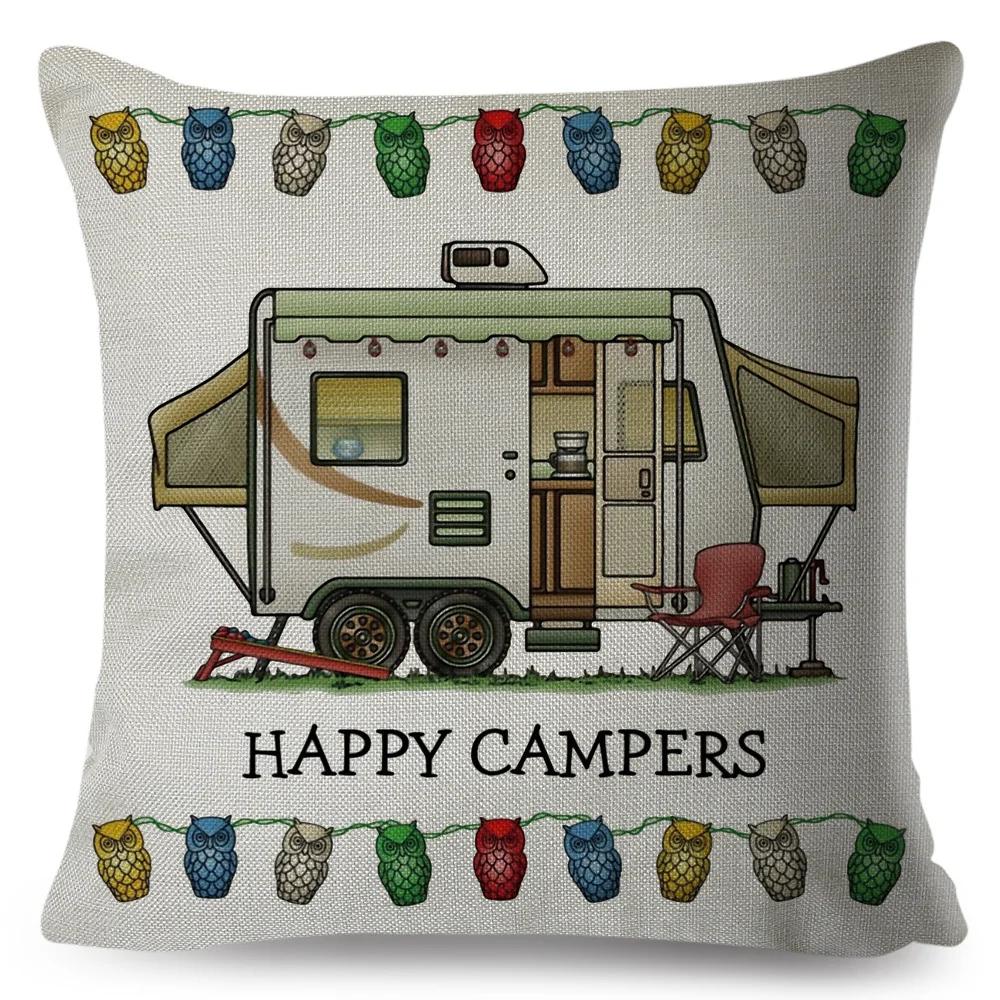 Happy Camper Pillowcase Decor Cartoon Travel Car Printed Pillow Case for Home Sofa Children Room Polyester Cushion Cover 45x45cm