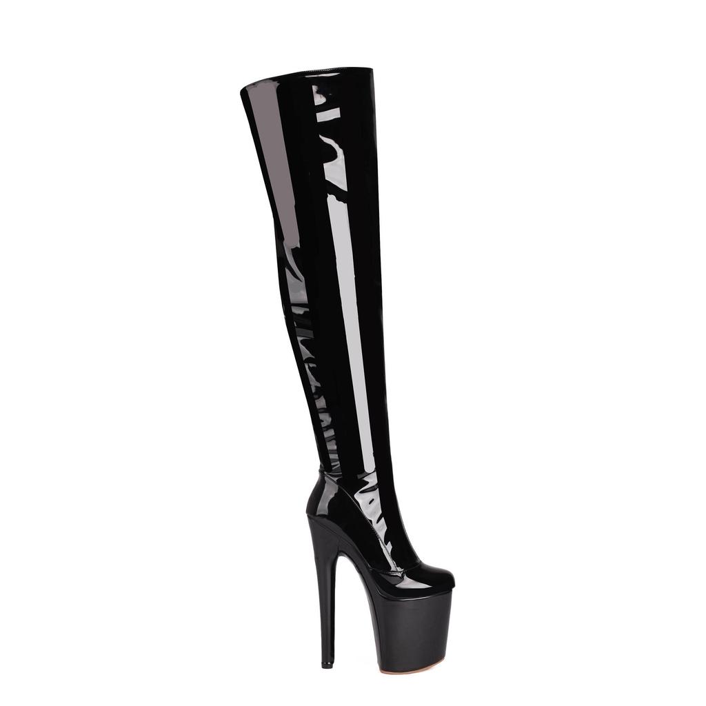 Sexy Women Over The Knee Boots 20cm Girls High Heel Pole Dance Shoes Triple Pleated Patent Leather Motorcycle Round Toe Zip Shoes Plus Size