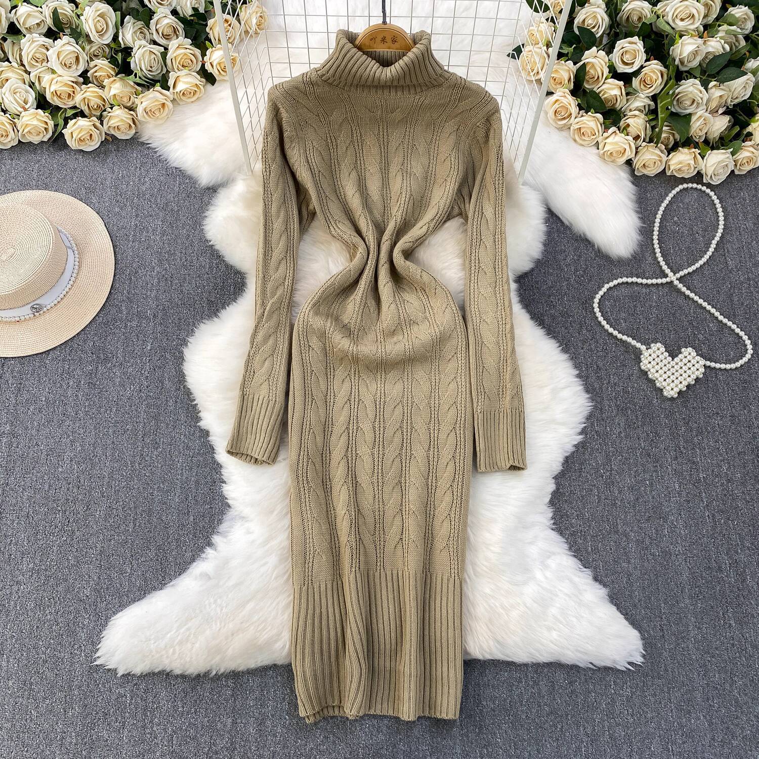 

Gray Fashion Turtleneck Sweater Dress For Women New Autumn Winter Chic Long Sleeves A-Line Pullover Loose Knitted Dresses One Size