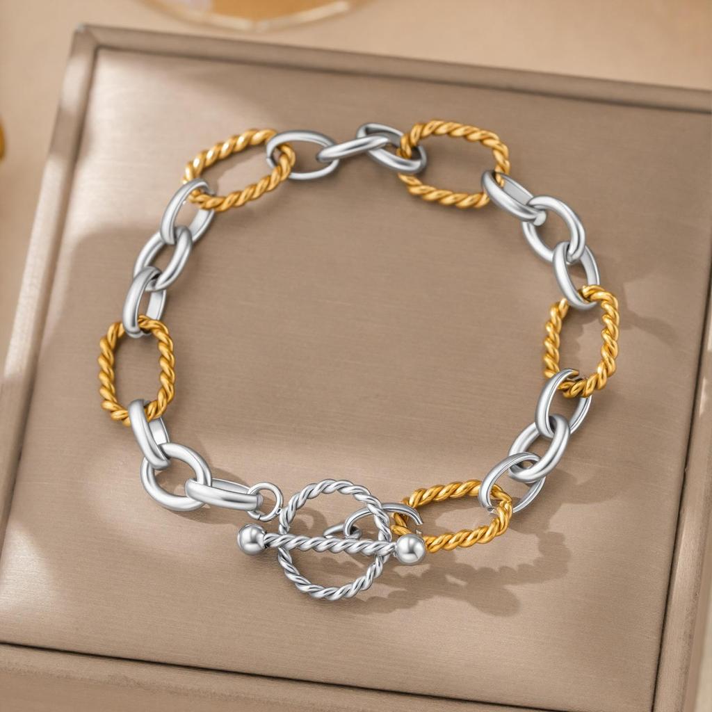 18K Gold Stainless Steel Two-tone Twisted Pattern Cross Chain Bracelet with OT Clasp