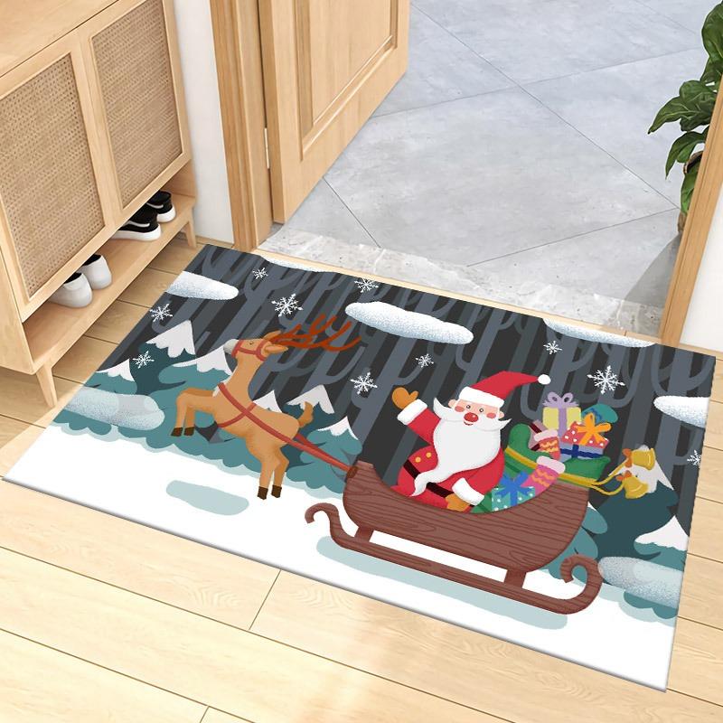 Christmas Santa Carpet Mat Rug Gift Bag Snowflake Home Decoration Festive Entryway Floor Mat with Merry Christmas Design
