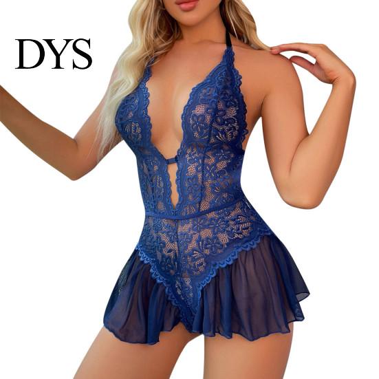 See-through Halter Neck Nightdress Women Sexy Hollow Out Lace Slim Fit Sleeveless Backless Deep Strappy Nightgown V Lace-up Open Crotch Lady Sleepwear