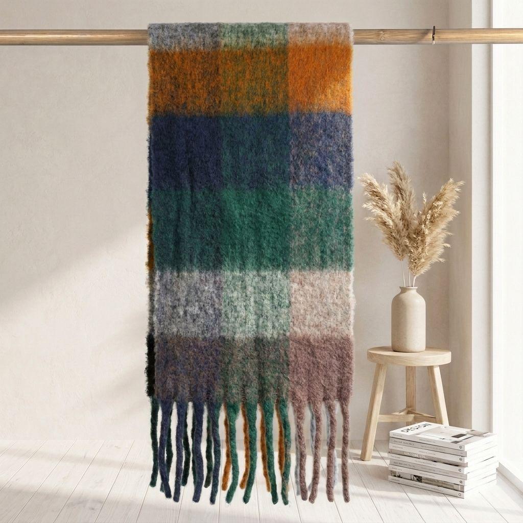 Women's High-Grade Colorful Plaid Mohair Scarf - Thick, Warm, and Versatile for Winter