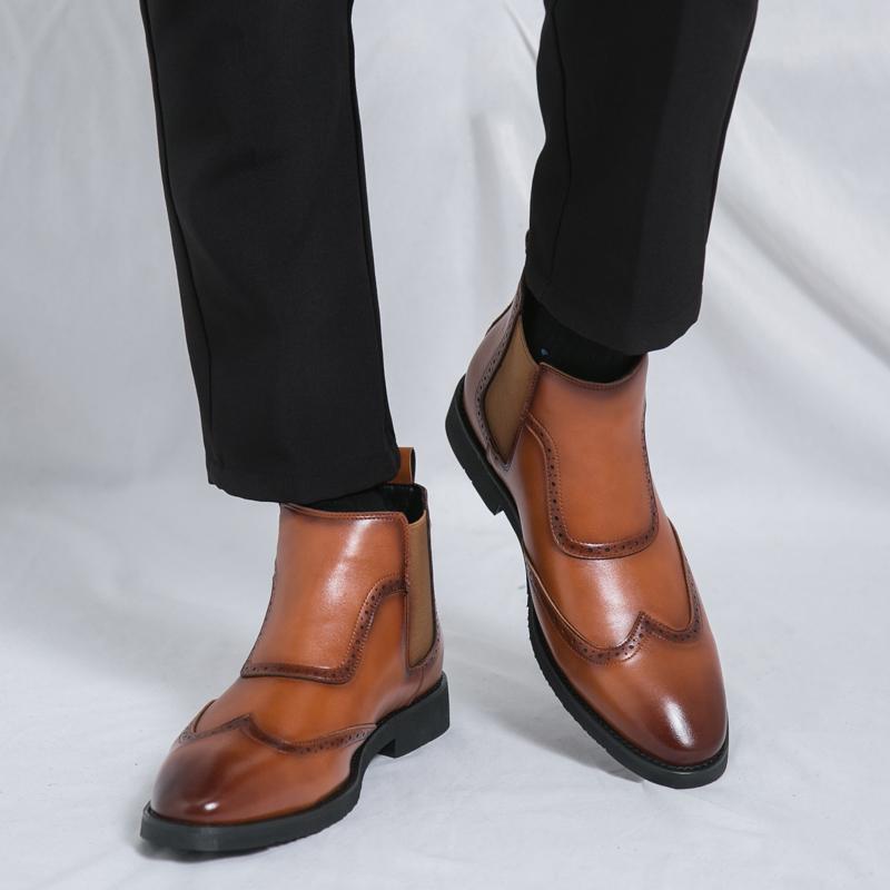New Brand Designer Winter Pointed Leather Chelsea Brogues Ankle Boots For Men's  High Tops Black Brown Shoes Zapatos Hombre