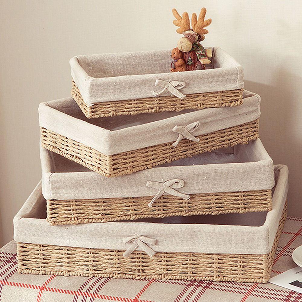 Bow Handmade Rattan Storage Baskets Rectangular Weaving  Storage Tray  Household