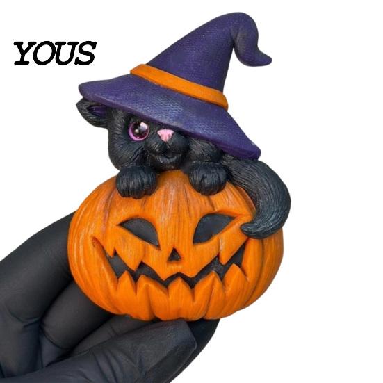 Halloween Atmosphere Table Centerpiece Ornament, Witch Black Cat Pumpkin Shape, Durable Synthetic Resin Unique Holiday Gift for Kids Weather Resistant