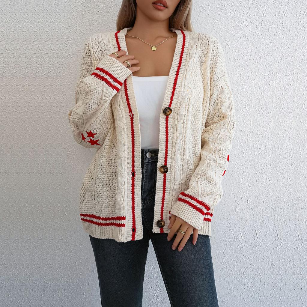Knitted Cardigan Female Fall and Winter New Loose Lazy Wind Embroidery Star Models Knitted Sweater Cardigan Jacket Female