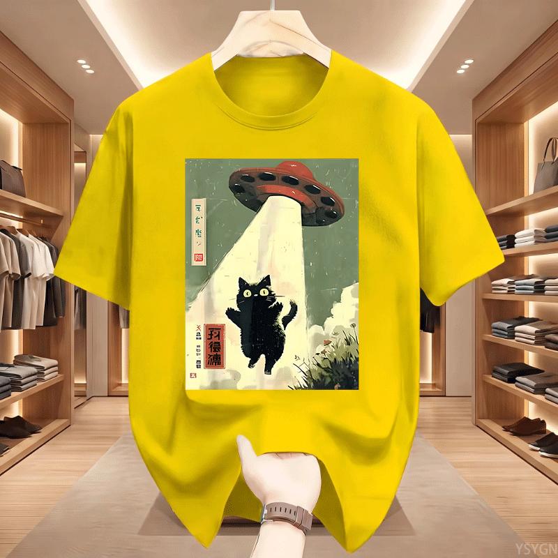 Black Cat Ufo Graphic Tshirts Japanese Cat Alien Graphic Tee Unisex Unisex Cotton Short Sleeve Printed Tshirts Streetwear Tops