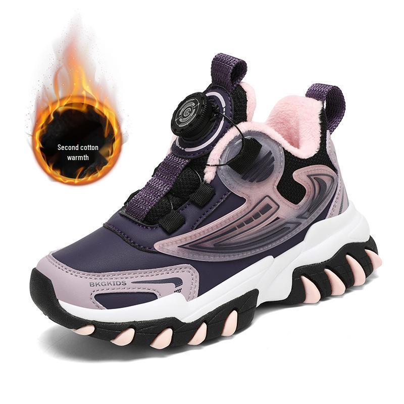 Waterproof Leather Boys' Sports Shoes with Rotating Button, Cotton and Velvet Lining, for Teens and Big Kids
