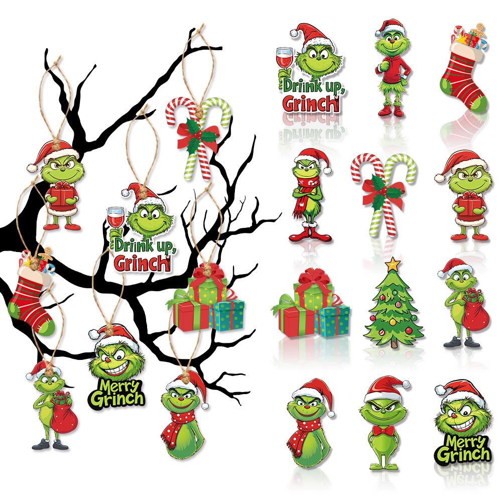 18 stuks 2D Acryl Groen Monster Kerstboom Ornamenten Leuke Cartoon Vakantie Hangers Decoraties 12pcs