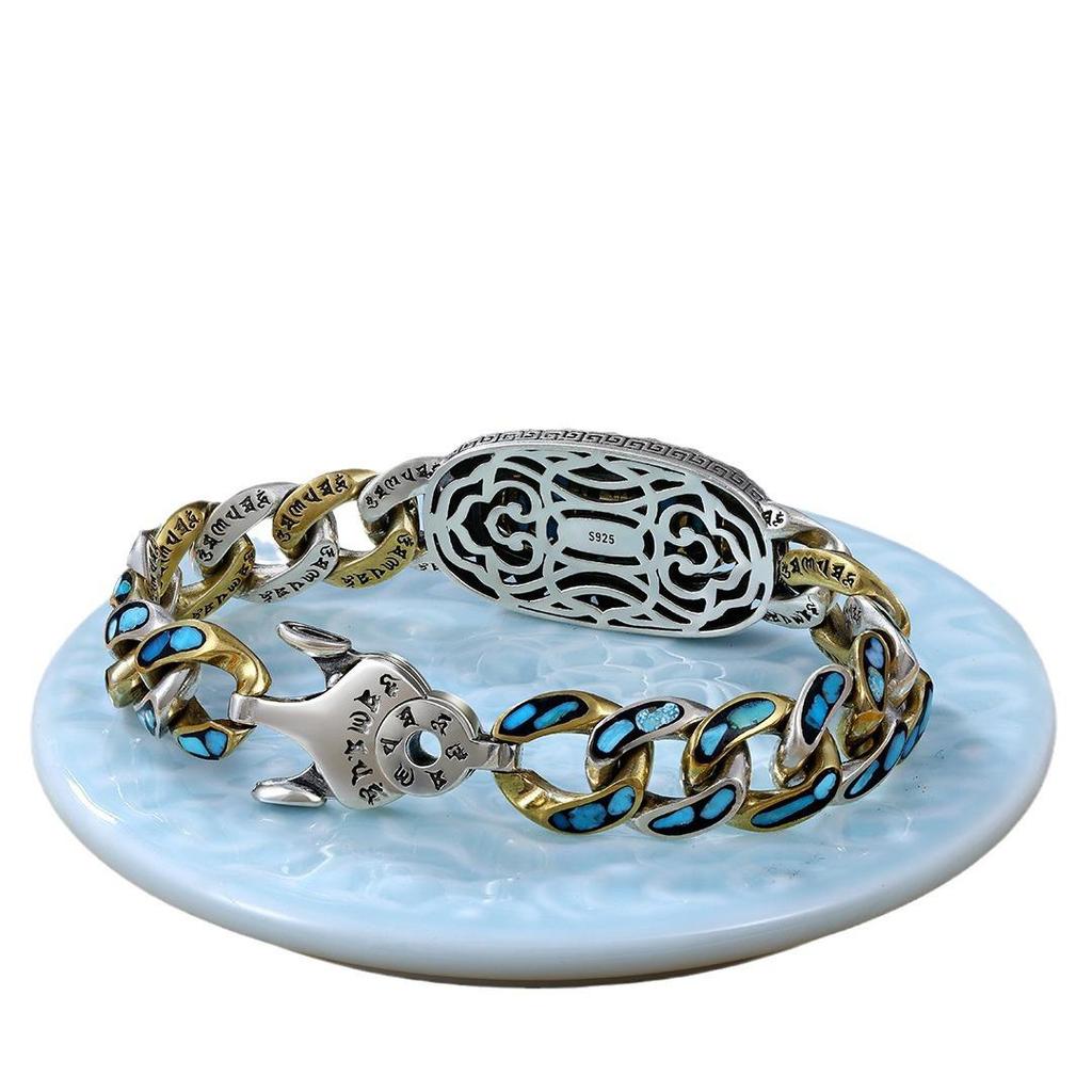 Sterling Silver Turquoise Dzi Bracelet with Six-Character Mantra