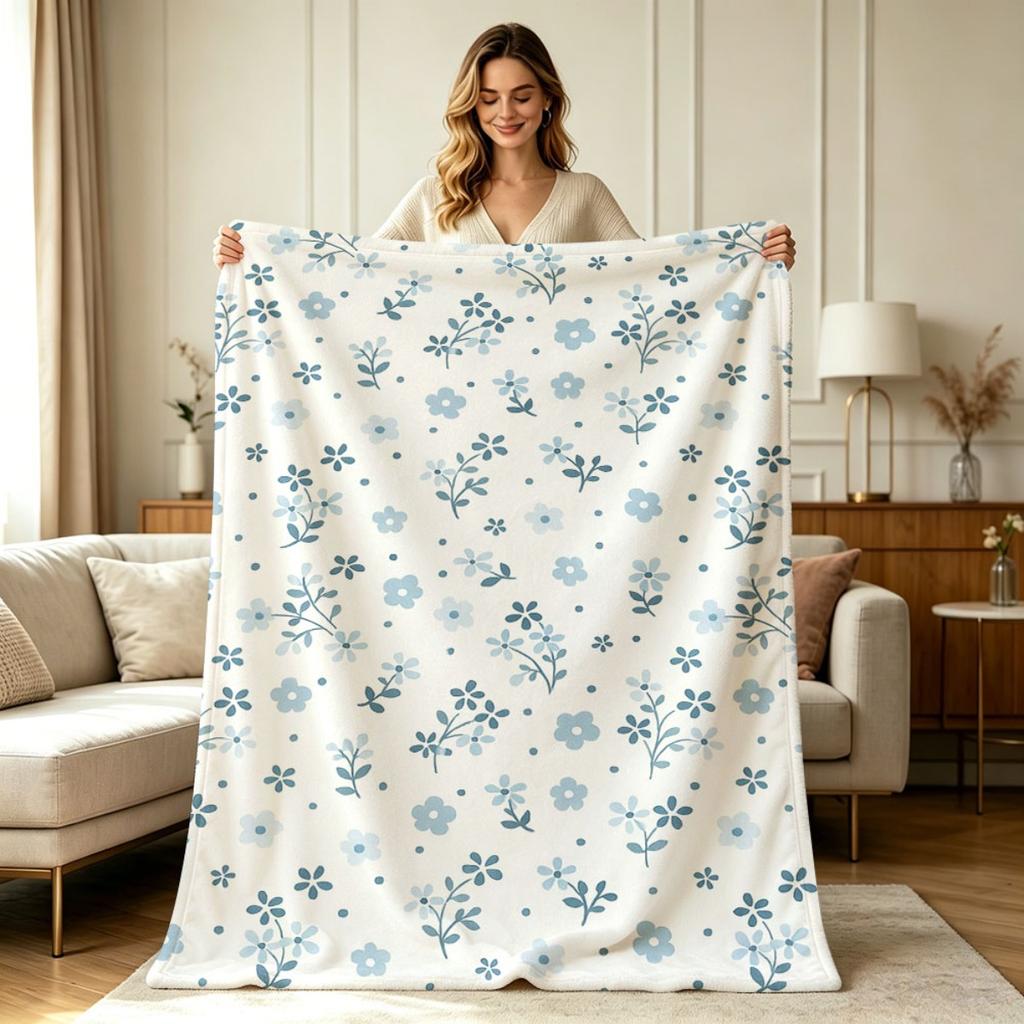 Soft Flannel Throw Blanket with Dainty Blue Floral Print All Season Lightweight Warm Blanket for Sofa Couch Bedroom Living Room Office Home Decor Cozy