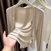 Women's V-Neck Ruched Button-Down Top Long Sleeve Knit Blouse