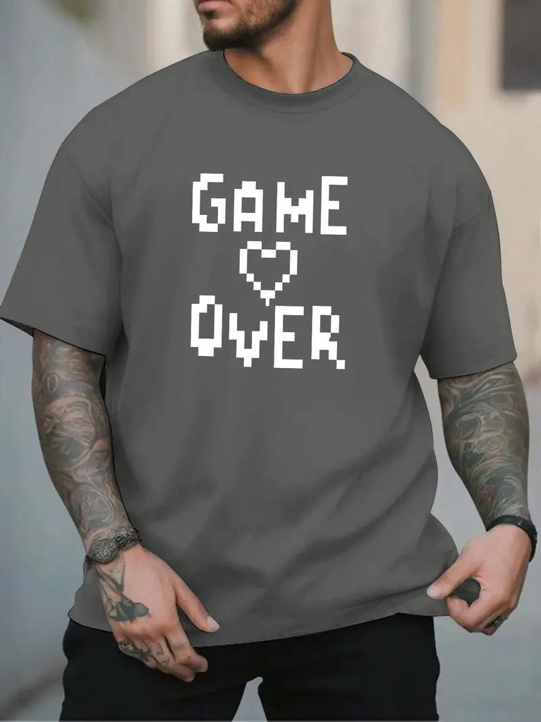 Unisex Crew Neck Tee Pixel Game Over Heart Text Print Short Sleeve Loose Oversized Male Daily Casual Soft Breathable Basic Wear Top