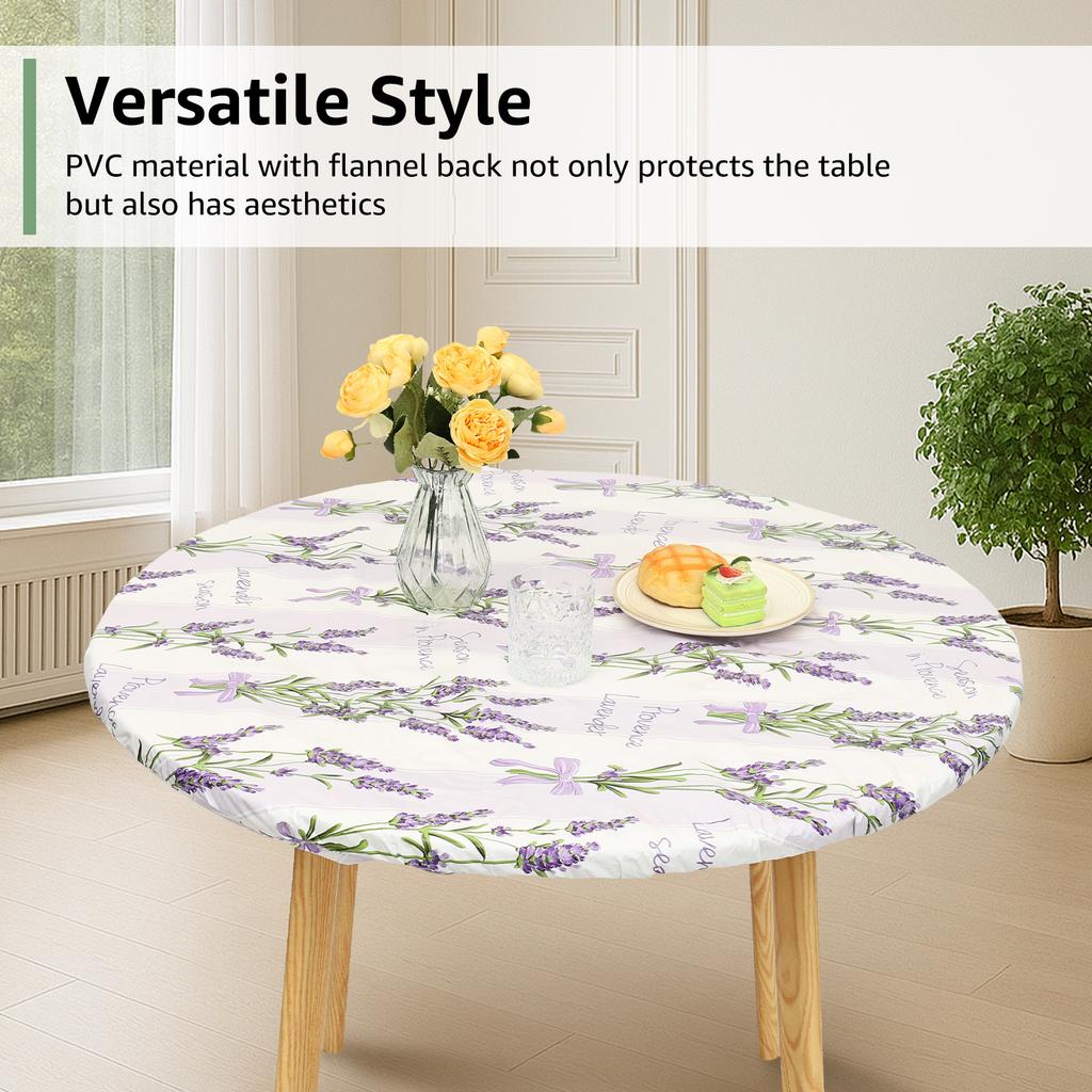 Elastic Round Table Cloth Fitted Flannel Backed Vinyl Tablecloth Waterproof Wipeable Dining Table Covers For Camping