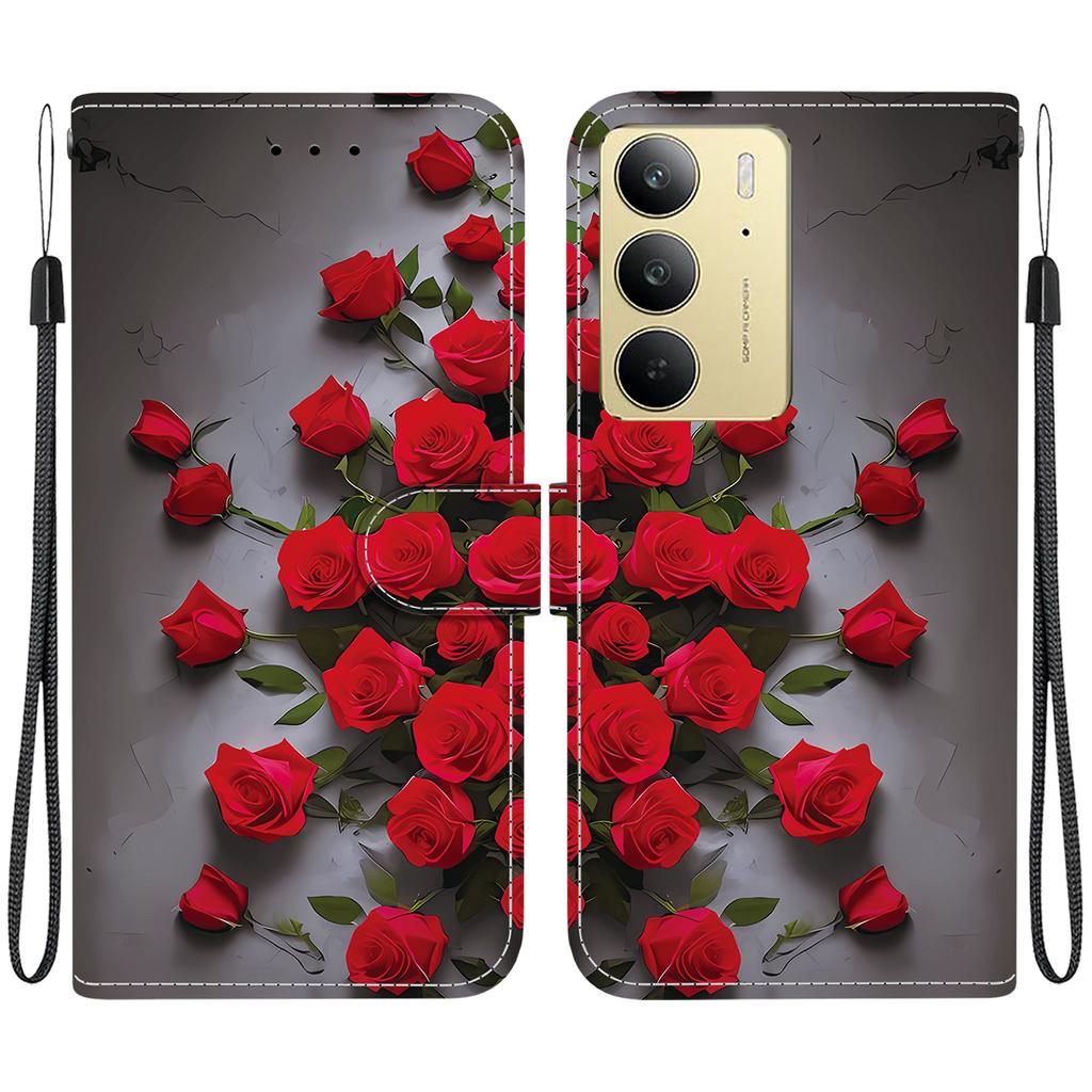 Ručně vyráběné PU kožené flipové pouzdro pro Realme C75 / Realme C75 4G Protiskluzový nárazuvzdorný kryt s poutkem na zápěstí a designy srdce/růže/kočka